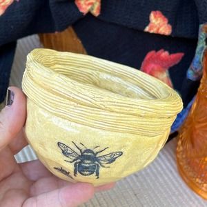 Bees on a Small Yellow Pottery Sauce or Snack Bowl